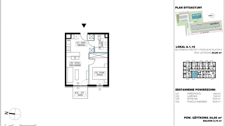 Rzut - Mieszkanie na sprzedaż 2 pokoje o powierzchni 35,42 m² - numer A.1.15 w Jabłonova