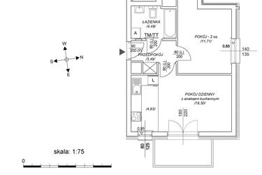 Rzut - Mieszkanie na sprzedaż 2 pokoje o powierzchni 37,98 m² - numer M57 w Osiedle Mała Dziesiąta etap II