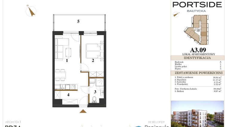 Rzut - Mieszkanie na sprzedaż 2 pokoje o powierzchni 39,48 m² - numer A3.09 w Portside Bałtycka