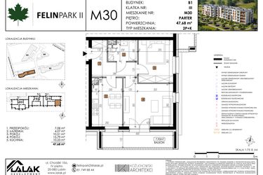 Rzut - Mieszkanie na sprzedaż 2 pokoje o powierzchni 47,68 m² - numer M30 w Felin Park II