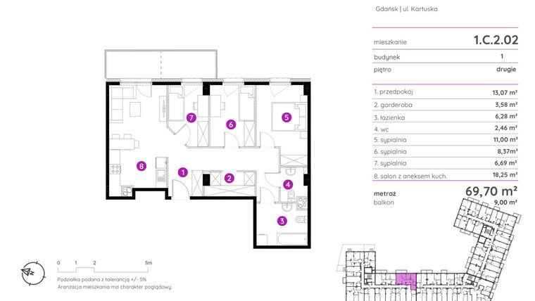 Rzut - Mieszkanie na sprzedaż 4 pokoje o powierzchni 69,7 m² - numer 1.C.2.02 w Murapol Scarpa