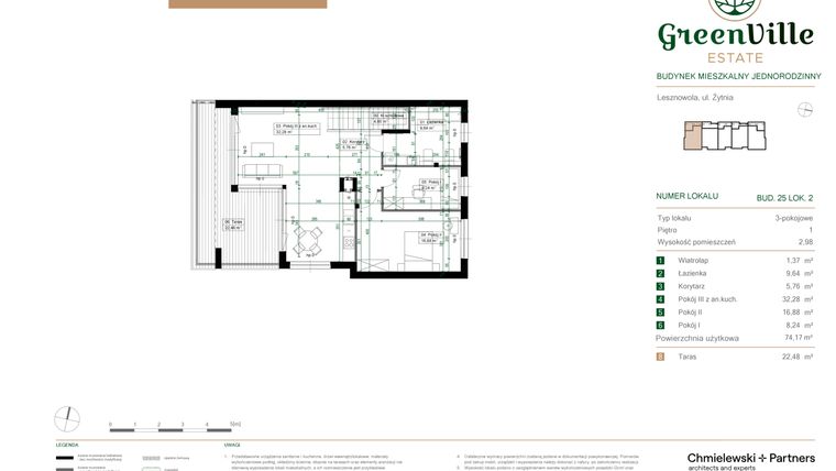 Rzut - Mieszkanie na sprzedaż 3 pokoje o powierzchni 74,17 m² - numer 25.2 w Green Ville