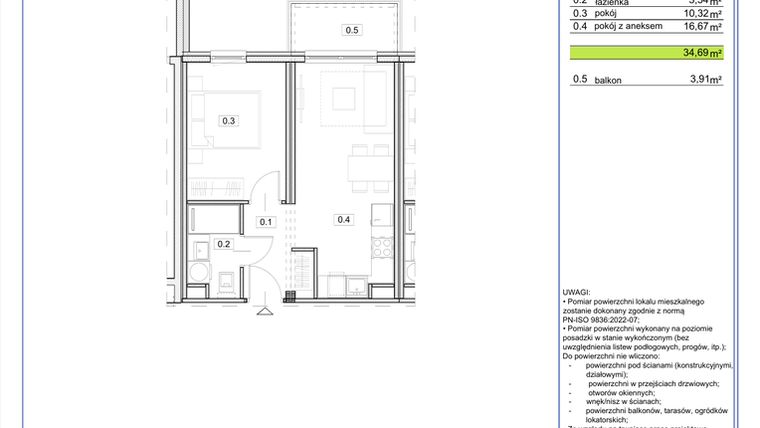 Rzut - Mieszkanie na sprzedaż 2 pokoje o powierzchni 34,69 m² - numer B.01 w EcoBerensona II