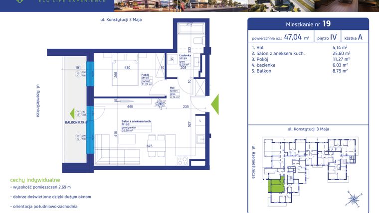 Rzut - Mieszkanie na sprzedaż 2 pokoje o powierzchni 47,04 m² - numer 19 w Rzemieślnicza 40