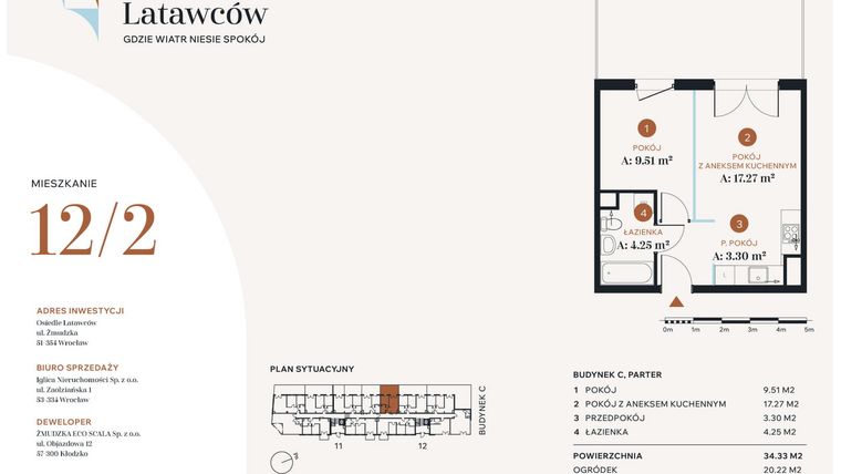 Rzut - Mieszkanie na sprzedaż 2 pokoje o powierzchni 34,33 m² - numer C12-2 w Osiedle Latawców