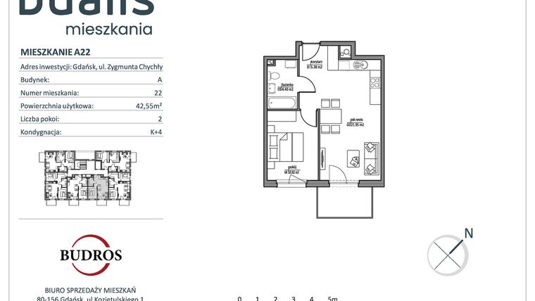 Rzut - Mieszkanie na sprzedaż 2 pokoje o powierzchni 42,55 m² - numer A22 w Dualis