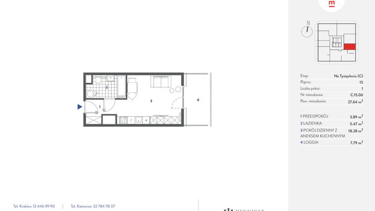 Rzut - Mieszkanie na sprzedaż 1 pokój o powierzchni 27,64 m² - numer C.15.06 w Mieszkaj w mieście - Na Tysiącleciu budynek C