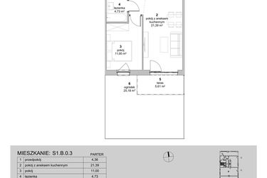 Rzut - Mieszkanie na sprzedaż 2 pokoje o powierzchni 41,48 m² - numer S1.B.0.3 w ATAL Idea Swarzędz II