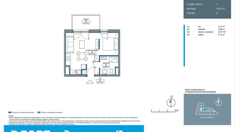 Rzut - Mieszkanie na sprzedaż 1 pokój o powierzchni 33,61 m² - numer A.6.1 w Rakoczego 17