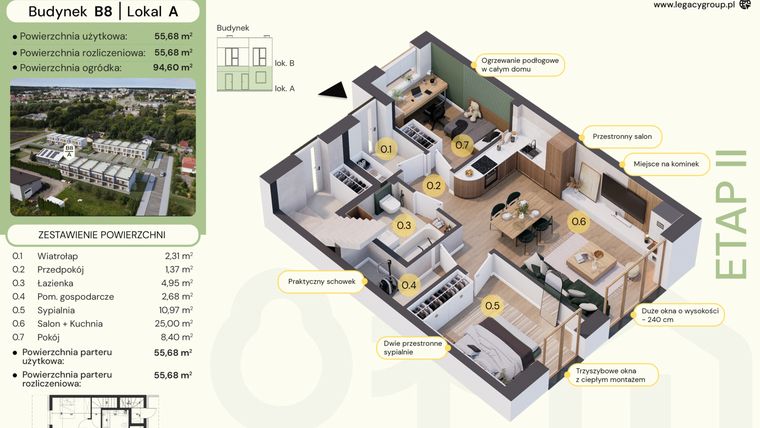 Rzut - Mieszkanie na sprzedaż 3 pokoje o powierzchni 55,68 m² - numer B8-A w Tu i Teraz etap II