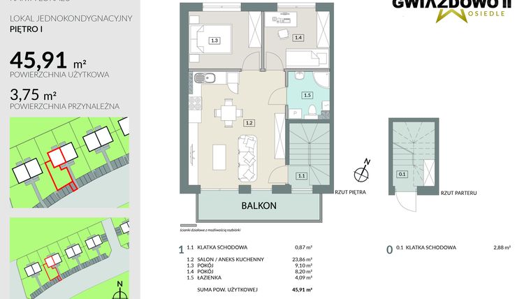 Rzut - Mieszkanie na sprzedaż 3 pokoje o powierzchni 49,66 m² - numer D3.2 w Gwiazdowo II