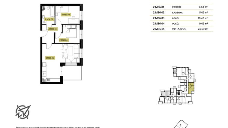 Rzut - Mieszkanie na sprzedaż 2 pokoje o powierzchni 29,93 m² - numer 2M36 w Stary Browar bud. 2