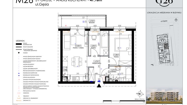 Rzut - Mieszkanie na sprzedaż 3 pokoje o powierzchni 47,16 m² - numer 26 w Gęsia 26