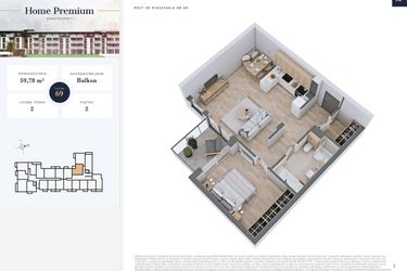 Rzut - Mieszkanie na sprzedaż 2 pokoje o powierzchni 59,78 m² - numer 69 w Apartamenty Home Premium etap 2