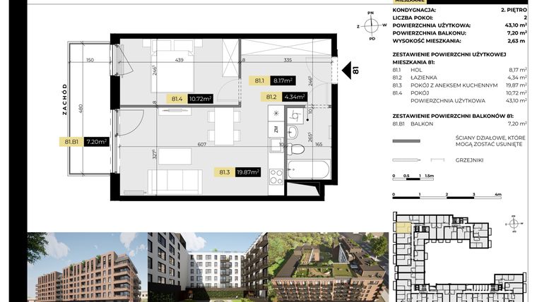 Rzut - Mieszkanie na sprzedaż 2 pokoje o powierzchni 43,1 m² - numer M/81 w Tarasy Śląskie
