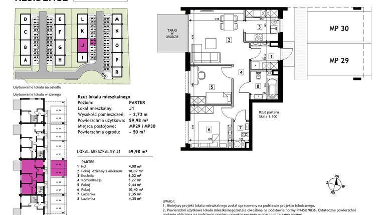 Rzut - Mieszkanie na sprzedaż 3 pokoje o powierzchni 59,98 m² - numer J1 w Złotno Residence