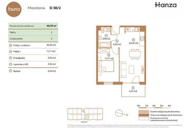 Rzut - Mieszkanie na sprzedaż 2 pokoje o powierzchni 40,39 m² - numer D38-2 w Fauna