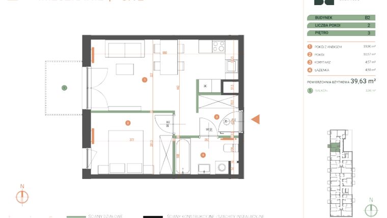 Rzut - Mieszkanie na sprzedaż 2 pokoje o powierzchni 39,63 m² - numer M.03.12 w Casa Feliz Portowa