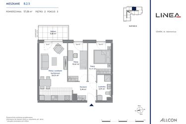 Rzut - Mieszkanie na sprzedaż 3 pokoje o powierzchni 57,08 m² - numer B.2.5 w Linea