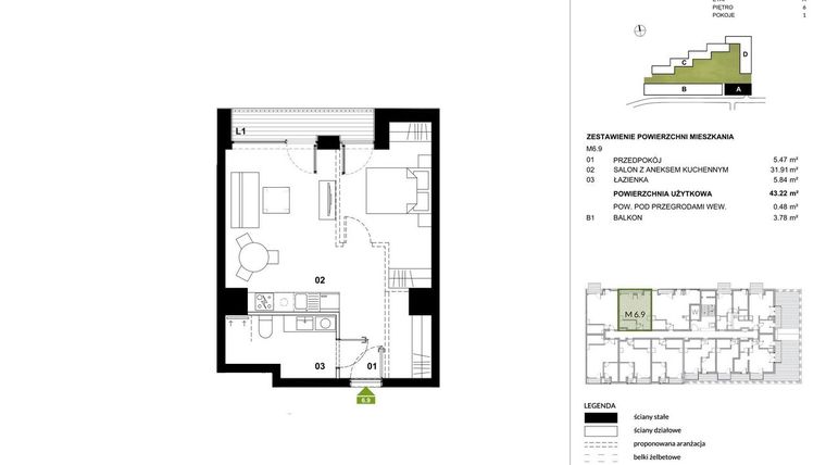 Rzut - Mieszkanie na sprzedaż 1 pokój o powierzchni 43,7 m² - numer A.6.9 w Kozielska Park