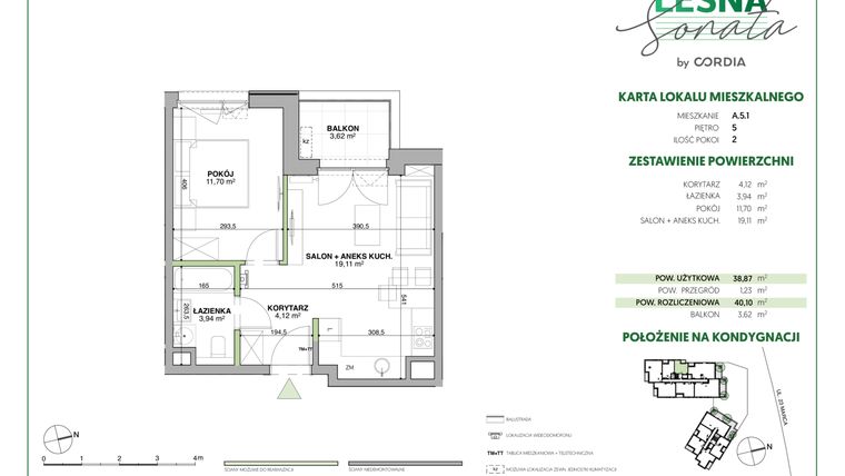 Rzut - Mieszkanie na sprzedaż 2 pokoje o powierzchni 40,14 m² - numer A.5.1 w Leśna Sonata