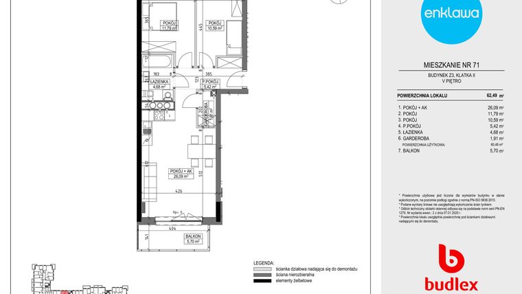 Rzut - Mieszkanie na sprzedaż 2 pokoje o powierzchni 62,49 m² - numer Z3.71 w Enklawa Apartamenty Z3