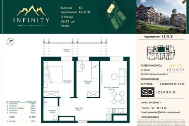 Rzut - Mieszkanie na sprzedaż 3 pokoje o powierzchni 56,93 m² - numer B3.0.8 w Infinity Mountain Resort