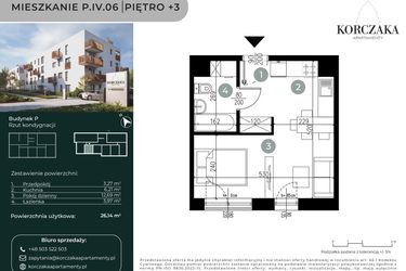 Rzut - Mieszkanie na sprzedaż 1 pokój o powierzchni 26,14 m² - numer P.IV.06 w Korczaka Apartamenty