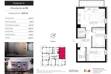 Rzut - Mieszkanie na sprzedaż 3 pokoje o powierzchni 57,58 m² - numer M16 w Novum Rumia - bud. 14