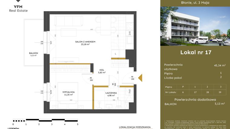 Rzut - Mieszkanie na sprzedaż 2 pokoje o powierzchni 45,34 m² - numer 17 w Apartamenty 3 Maja