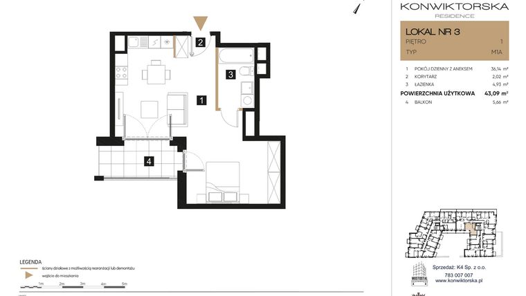 Rzut - Mieszkanie na sprzedaż 1 pokój o powierzchni 43,09 m² - numer 03 w Konwiktorska Residence