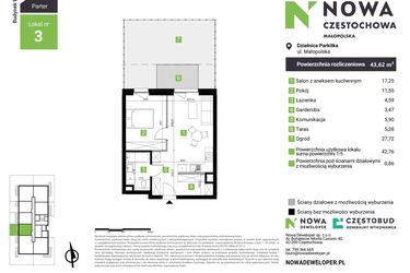 Rzut - Mieszkanie na sprzedaż 2 pokoje o powierzchni 43,62 m² - numer E3 w Nowa Częstochowa Małopolska etap II