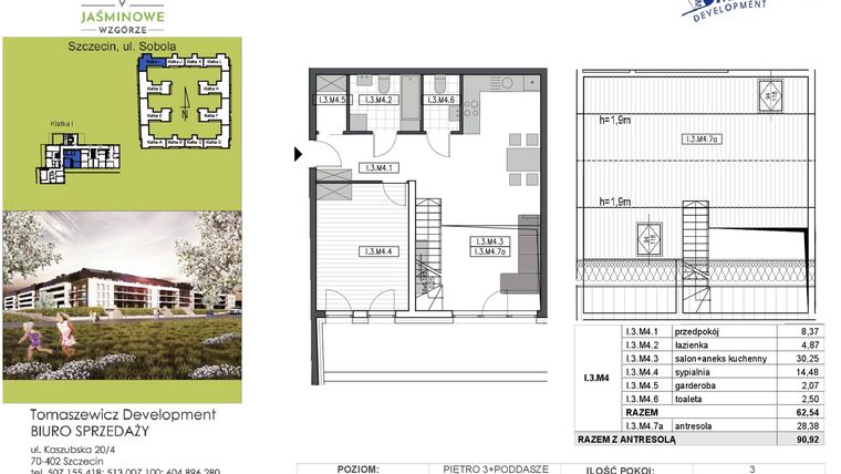 Rzut - Mieszkanie na sprzedaż 3 pokoje o powierzchni 90,92 m² - numer I3M4 w Jaśminowe Wzgórze - etap II