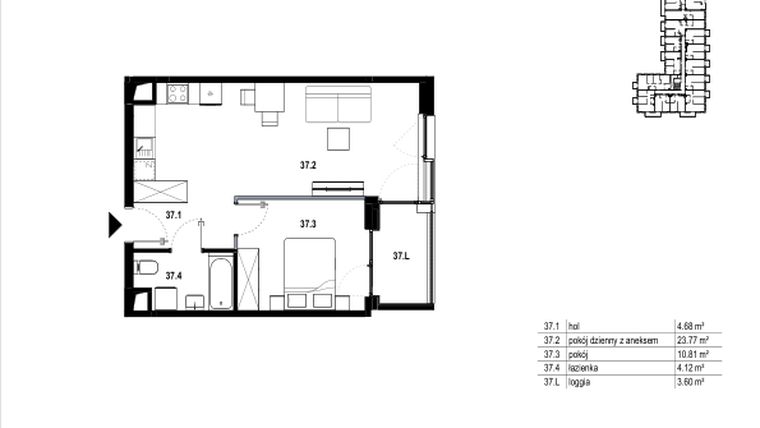 Rzut - Mieszkanie na sprzedaż 2 pokoje o powierzchni 43,38 m² - numer C3.37 w Osiedle Mozaika