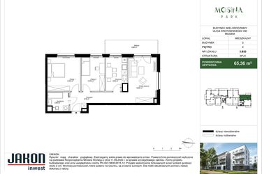 Rzut - Mieszkanie na sprzedaż 3 pokoje o powierzchni 65,36 m² - numer 2.B32 w Mosina Park