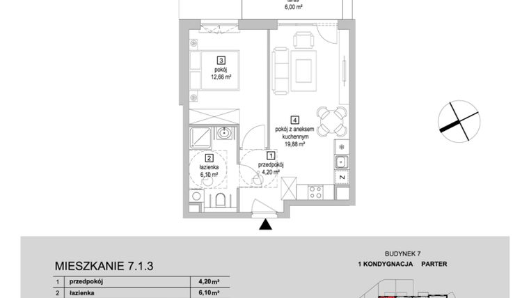 Rzut - Mieszkanie na sprzedaż 2 pokoje o powierzchni 42,84 m² - numer 7.1.3 w Osiedle Przyjemne IV