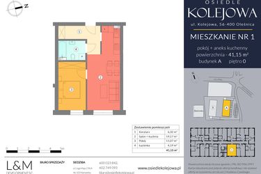 Rzut - Mieszkanie na sprzedaż 2 pokoje o powierzchni 41,15 m² - numer A.1 w Osiedle Kolejowa