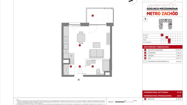 Rzut - Mieszkanie na sprzedaż 1 pokój o powierzchni 28,01 m² - numer A.105 w Dzielnica Mieszkaniowa Metro Zachód - etap 8.1