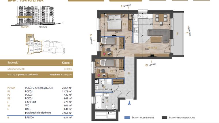Rzut - Mieszkanie na sprzedaż 4 pokoje o powierzchni 72,63 m² - numer 20 w Osiedle Dakar Karolina