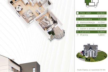 Rzut - Mieszkanie na sprzedaż 2 pokoje o powierzchni 49,16 m² - numer 21.M1 w Osiedle Leśny Zakątek