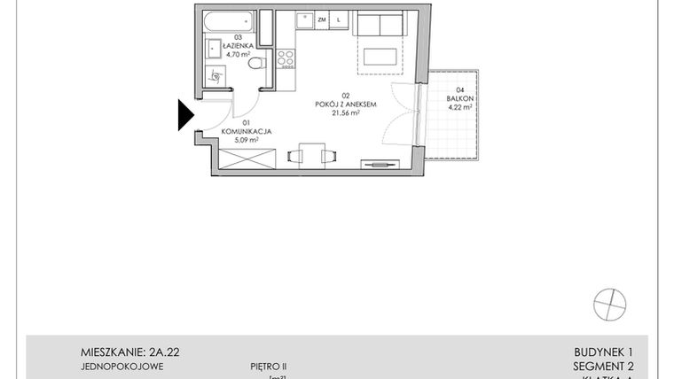 Rzut - Mieszkanie na sprzedaż 1 pokój o powierzchni 31,35 m² - numer 2A.22 w Skwer Harmonia II