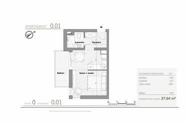 Rzut - Mieszkanie na sprzedaż 1 pokój o powierzchni 27,64 m² - numer 1.1 w Villa Książąt Pomorskich