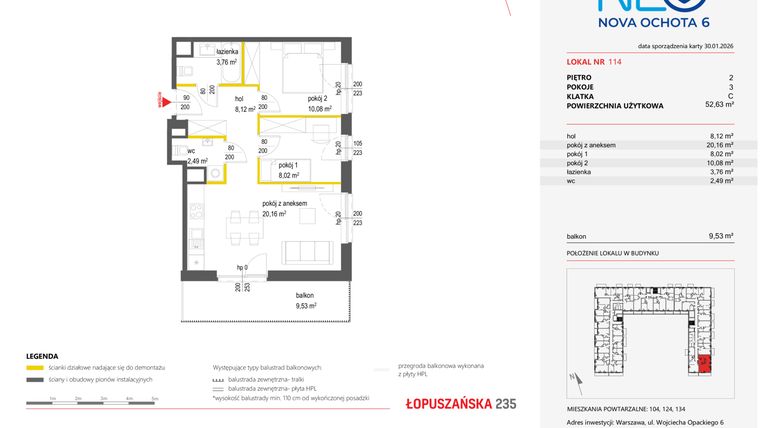 Rzut - Mieszkanie na sprzedaż 3 pokoje o powierzchni 52,63 m² - numer 114 w Neo Nova Ochota 6