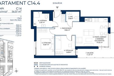 Rzut - Mieszkanie na sprzedaż 3 pokoje o powierzchni 56,04 m² - numer C14.4 w Sol Marina etap III