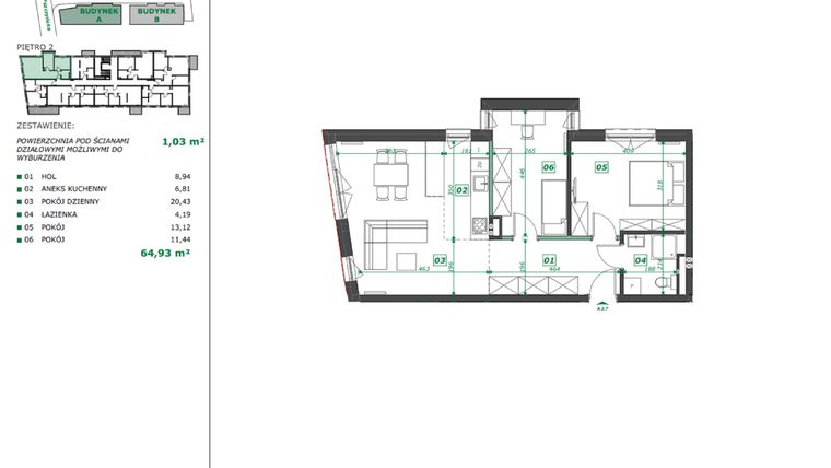 Rzut - Mieszkanie na sprzedaż 3 pokoje o powierzchni 65,96 m² - numer A.2.7 w Apartamenty Pszczyńska