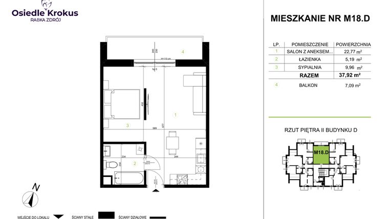 Rzut - Mieszkanie na sprzedaż 1 pokój o powierzchni 37,92 m² - numer M18.D w Osiedle Krokus etap IV