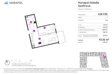 Rzut - Mieszkanie na sprzedaż 1 pokój o powierzchni 41,16 m² - numer 6.B.1.02 w Murapol Osiedle Szafirove
