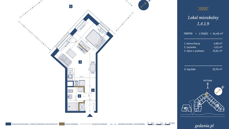 Rzut - Mieszkanie na sprzedaż 1 pokój o powierzchni 34,4 m² - numer I.A.1.9 w GEDANIA Riverside Living