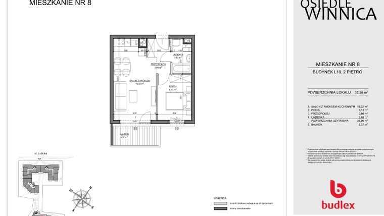 Rzut - Mieszkanie na sprzedaż 2 pokoje o powierzchni 37,26 m² - numer 8 w Osiedle Winnica L9