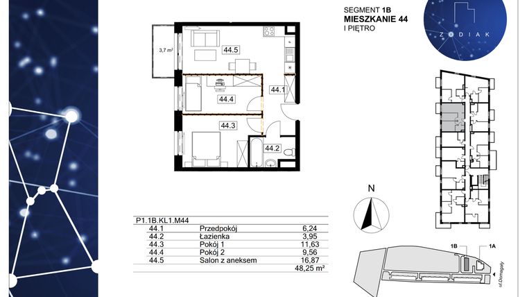 Rzut - Mieszkanie na sprzedaż 3 pokoje o powierzchni 48,25 m² - numer 39/44 w Zodiak